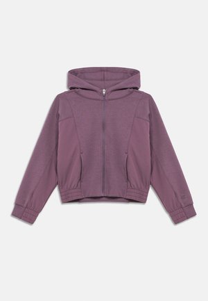 Jachetă cu glugă mov, prevăzută cu fermoar și buzunare laterale, manșete și tiv striate. Confecționată dintr-un material moale cu textură netedă și design ajustat.