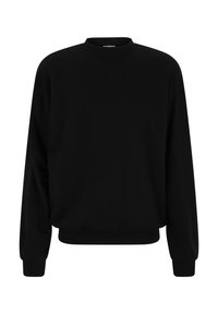 Svart sweatshirt med rund hals, långa ärmar och ribbade muddar. Tillverkad av mjukt material, har en avslappnad passform och minimalistisk design.