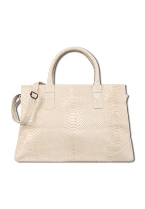 Beige handtas met slangenhuidstructuur, dubbele bovenhandvatten en een verstelbare schouderriem met metalen gesp.