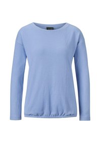 Helles blaues Langarmoberteil aus weichem Stoff. Verfügt über einen runden Ausschnitt und einen gerafften Saum für eine lässige Passform. Keine Muster oder Verzierungen.