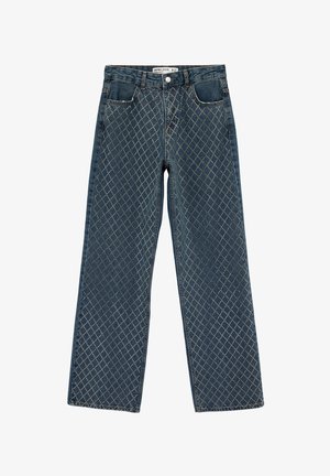 Jeans blu scuro a gamba dritta con motivo di cuciture bianche a forma di diamante, tasche frontali, passanti per cintura e chiusura con bottone metallico.