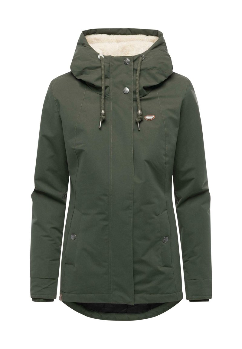 Green waterproof jacket with a fleece-lined hood and interior. Features snap buttons, side pockets, and a longer back hem for added coverage.