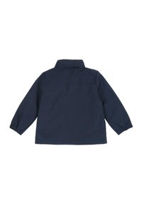 Veste en coton bleu marine avec des manches longues, un col et des poignets élastiques. Présente un design uni sans matériel ou accents visibles.