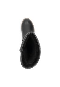 Zwarte leren laars met een zachte grijze vilten voering en ritssluiting. De binnenkant heeft een gladde textuur, terwijl het oppervlak aan de buitenkant stijlvol is.