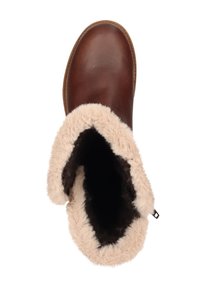 Braune Leder-Ankle-Boots mit beigem Kunstfellfutter, runder Zehenpartie und einer Zuglasche. Glatte Oberfläche mit genähten Akzenten.