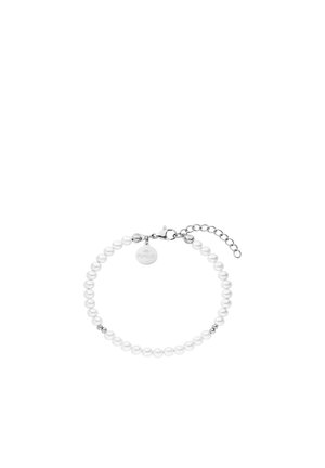 Delicate bracelet with small white pearls and silver beads, featuring a silver clasp and adjustable chain with a round tag engraved "PURELEI".