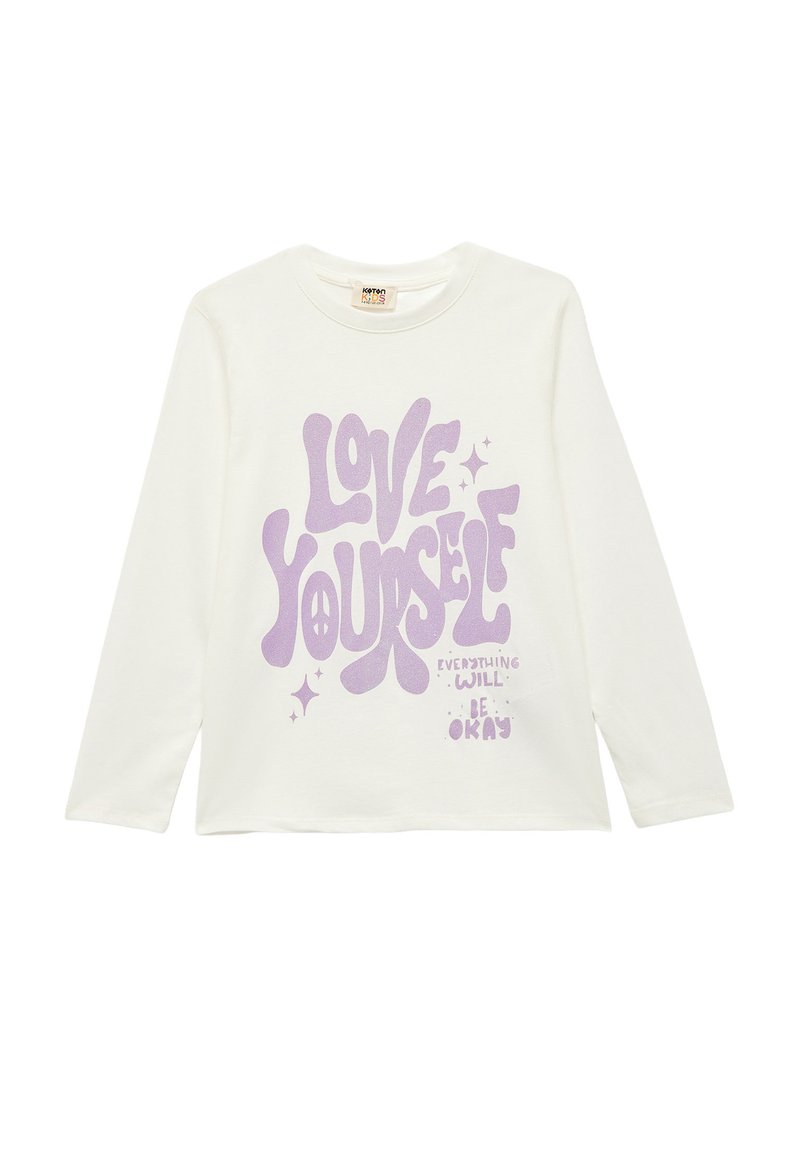 Biała, długosleeve'owa koszulka z grafiką w kolorze fioletowym, na której napis "LOVE YOURSELF" oraz symbole gwiazd i pokoju. Wykonana z materiału bawełnianego.
