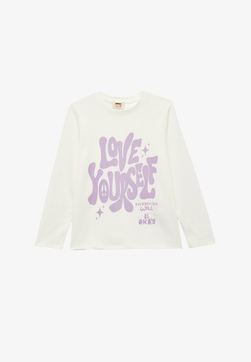 Biała, długosleeve'owa koszulka z grafiką w kolorze fioletowym, na której napis "LOVE YOURSELF" oraz symbole gwiazd i pokoju. Wykonana z materiału bawełnianego.