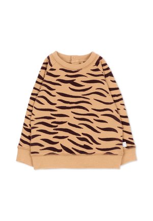 Felpa beige a manica lunga per bambino con motivo a righe di tigre marrone scuro e polsini e orlo a coste.