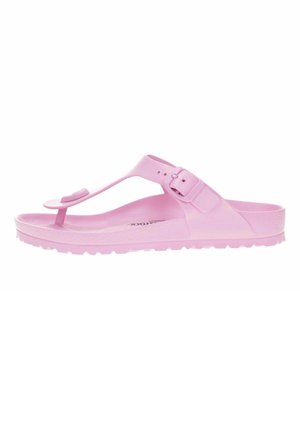 Sandal flip-flop in plastica modellata rosa con inserto per le dita, fibbia regolabile, suola interna testurizzata e suola robusta per trazione.