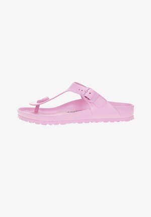 Sandal flip-flop in plastica modellata rosa con inserto per le dita, fibbia regolabile, suola interna testurizzata e suola robusta per trazione.