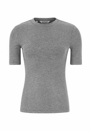 Pelēks īsu piedurkņu T-kreklis, izgatavots no mīksta kokvilnas maisījuma, ar apaļu kakla izgriezumu un pieguļošu dizainu, kuram ir minimāli šuvumi un gluda tekstūra.