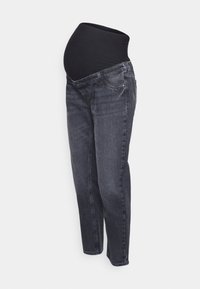 Svarta gravidjeans med elastisk midja och en smal, rak bendesign. Tillverkade av mörk denim med subtila sömnadsdetaljer.