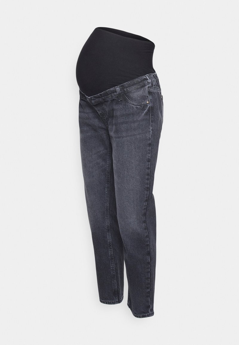 Black maternity jeans with a stretchy waistband and a slim, straight leg design. Made of dark denim with subtle stitching details.