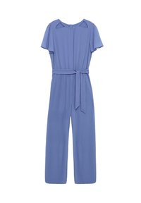 Blauer Jumpsuit aus weichem Stoff, mit kurzen Ärmeln, einem Taillengürtel und weitem, plissiertem Bein. Er hat Aussparungen an den Schultern.