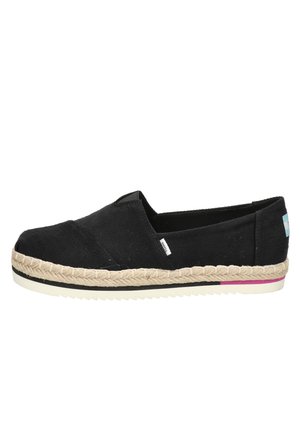 Black canvas shoe with cross-stitched design and espadrille-style braided jute sole. Features a white rubber base with pink accents.