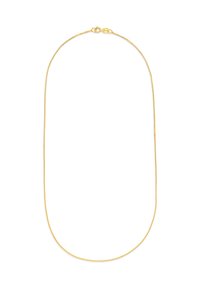 Goldfarbener Metallhalsreifen mit einer glatten, glänzenden Oberfläche und einem dünnen, gerundeten Kettendesign. Verfügt über einen sicheren Karabinerverschluss.