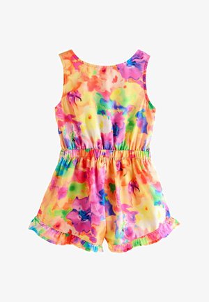 Rompers a fiori colorati realizzati in un tessuto leggero, con vita elasticizzata e bordo arricciato all'orlo e alle maniche.