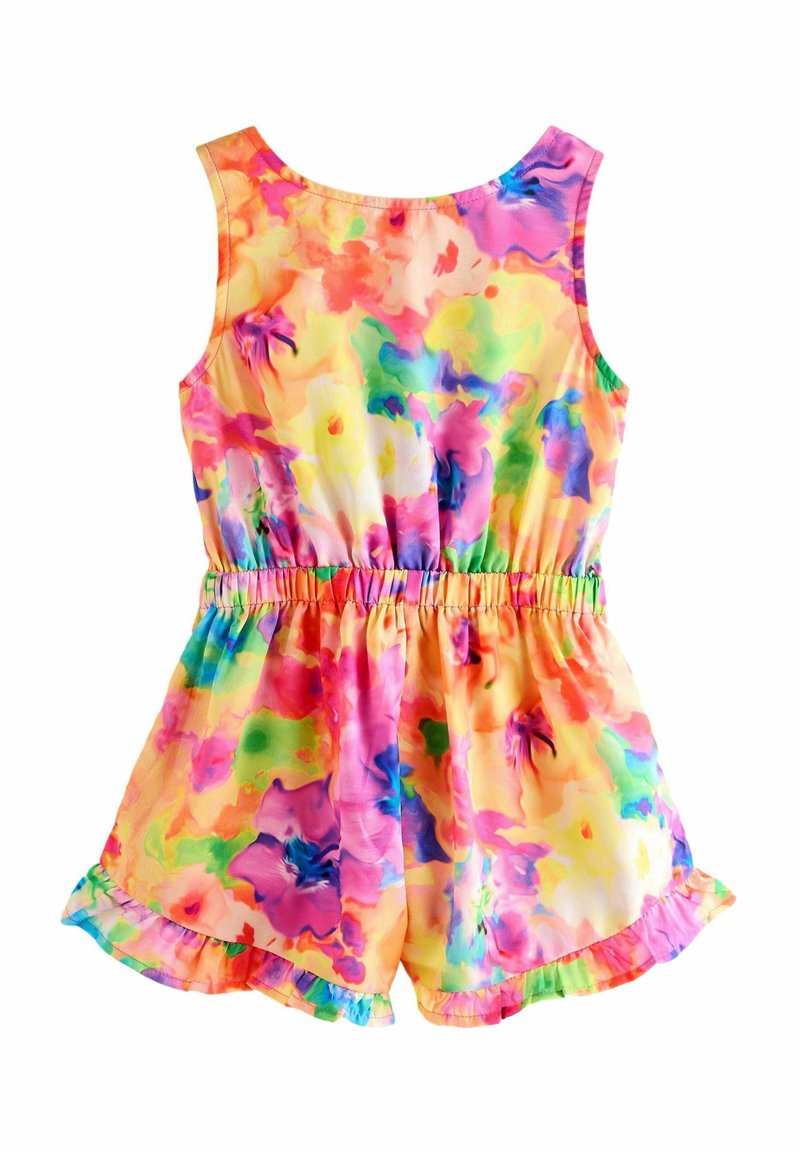 Romper de diseño floral colorido, hecho de un tejido ligero, que presenta una cinturilla elástica y un acabado con volantes en el dobladillo y las mangas.