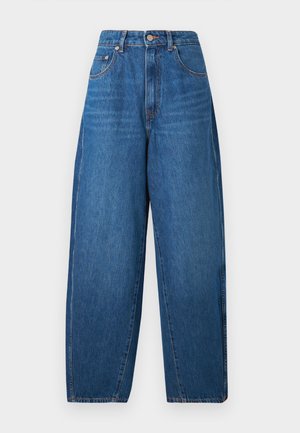 Dunkelblaue Denim-Jeans mit weitem Bein, hoher Taille, sichtbaren Nähten, zwei Fronttaschen und einem einzelnen Knopfverschluss.