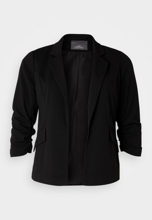 Blazer noir avec un design ajusté, des revers crantés et des manches retroussées. Fabriqué dans un tissu lisse avec des poches latérales.