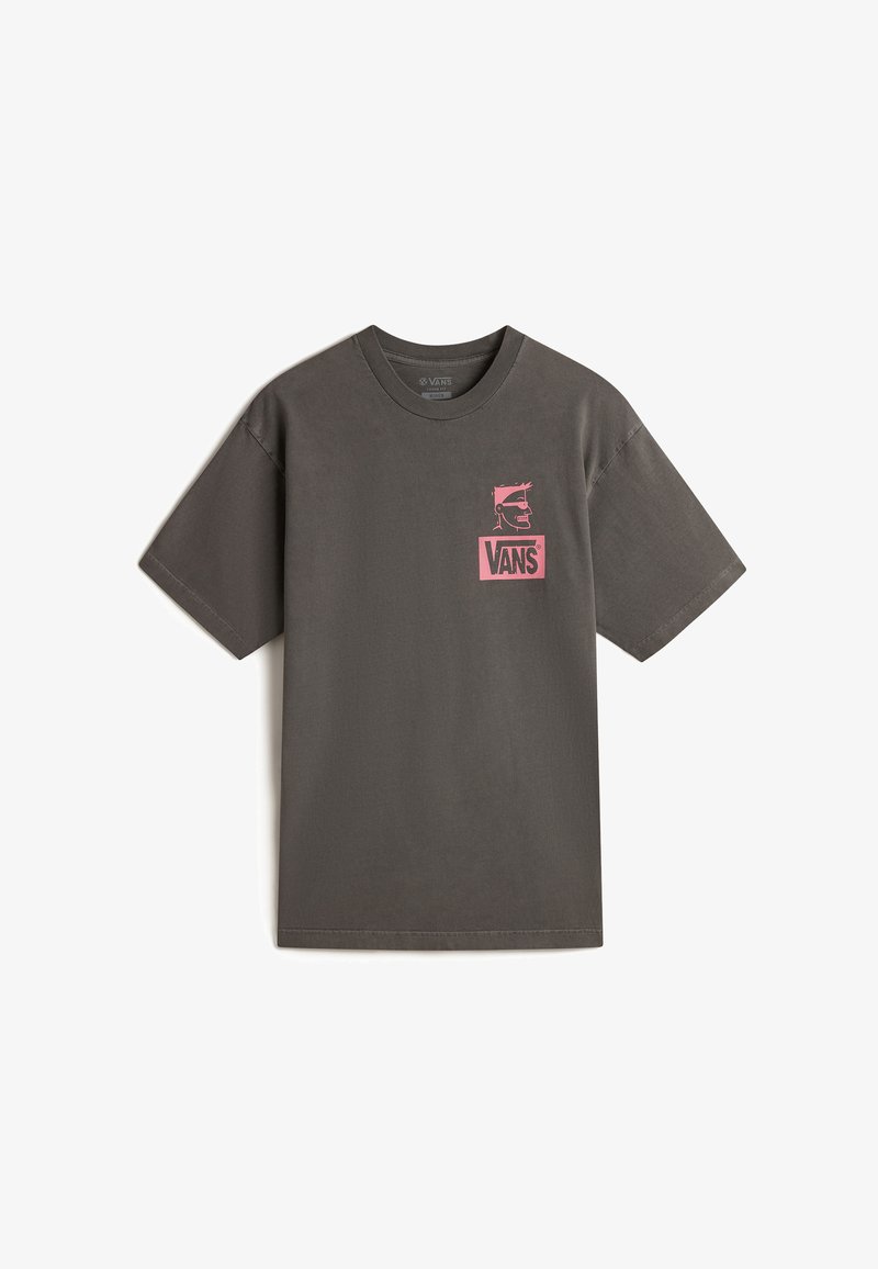 Gray short-sleeve t-shirt with a round neck. Features a pink Vans logo and graphic design on the left chest area. Cotton material.
