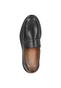 Black leather slip-on shoe with a smooth finish, rounded toe, and subtle stitching details. Features a cushioned insole for comfort.