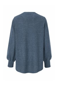 Langärmliger, gerippter Strickpullover in gedecktem Blau mit rundem Ausschnitt und leicht gepufften Ärmeln.