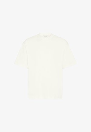 Egyszínű törtfehér rövid ujjú póló magas, kerek nyakkivágással és laza szabással, fehér háttéren bemutatva.