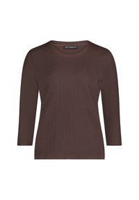 Braunes Langarm-Top aus strukturiertem Stoff mit rundem Halsausschnitt. Zeichnet sich durch eine schlanke Passform und ein schlichtes Design ohne zusätzliche Akzente aus.