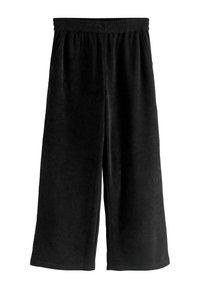 Zwarte corduroy brede broek met een elastische tailleband en zijzakken. De stof heeft een ribbelstructuur en een gladde afwerking.