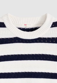 Džemperis ar apaļu kakla izgriezumu, ar mainīgām biezām baltām un tumši ziliem horizontāliem svītrām un nelielām adījuma perforācijām zilajās svītrās.