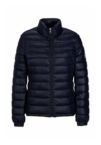Marineblauer Puffer-Jacke mit hohem Kragen, horizontalem Steppmuster, Frontreißverschluss und elastischen Bündchen für Wärme und Komfort.