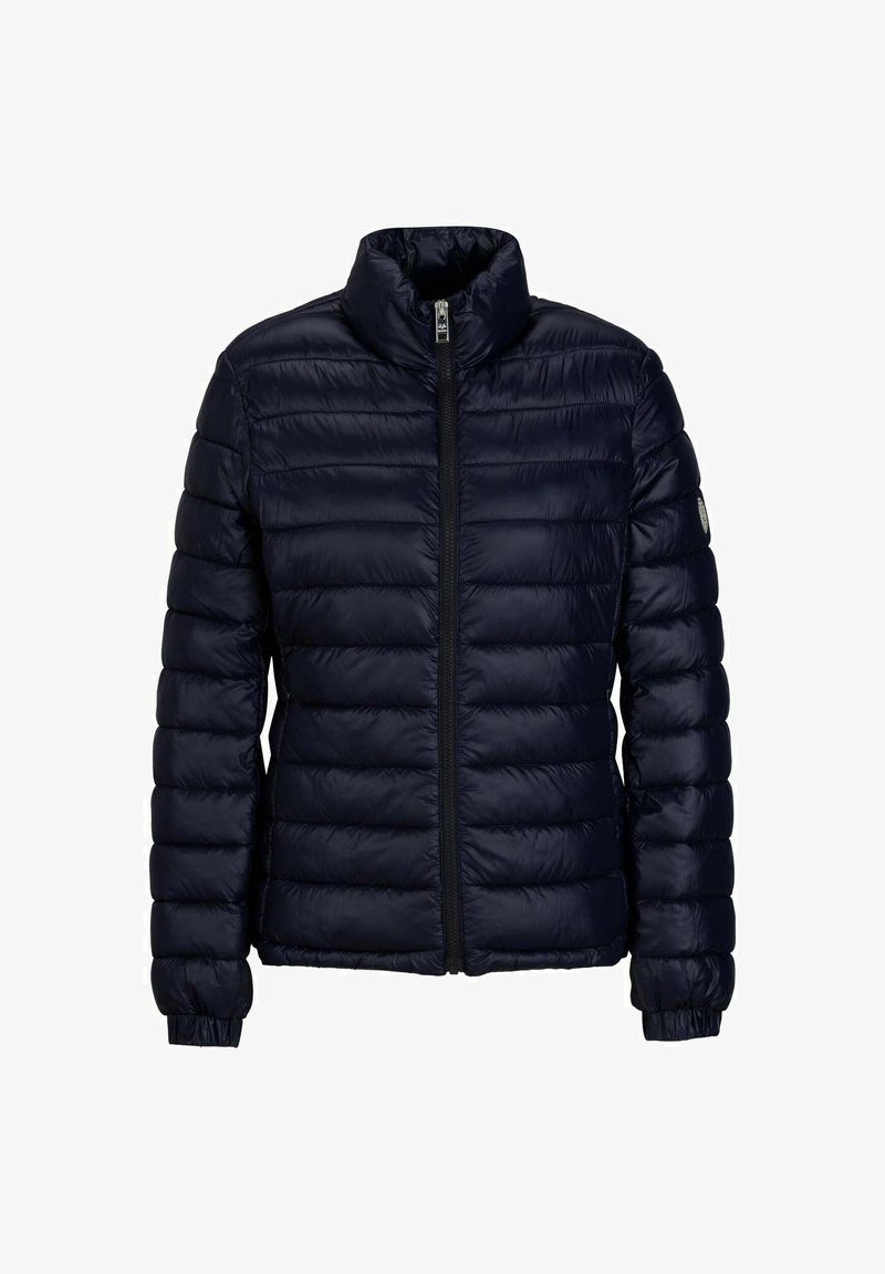 Marineblauer Puffer-Jacke mit hohem Kragen, horizontalem Steppmuster, Frontreißverschluss und elastischen Bündchen für Wärme und Komfort.