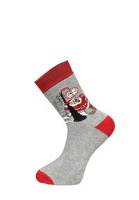 Gray socks with red accents, featuring a Santa design. Ribbed cuffs and a smooth texture, ideal for casual or holiday wear.