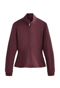 Burgundská sportovní bunda s vysokým límcem, plným předním zipem a texturovanou tkaninou. Přiléhavý design s prošíváním a žebrovanými manžetami.