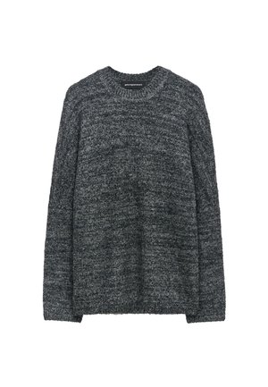 Maglione grigio a trama con scollatura rotonda e maniche lunghe, caratterizzato da una miscela di fibre grigie scure e chiare in una vestibilità rilassata.