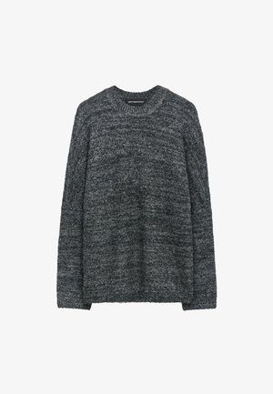 Maglione grigio a trama con scollatura rotonda e maniche lunghe, caratterizzato da una miscela di fibre grigie scure e chiare in una vestibilità rilassata.