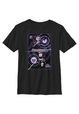 Sort bomulds T-shirt med et grafisk design af to bueskyttere, med lilla og sorte cirkulære mønstre og ordet "hawkeye" tydeligt vist.
