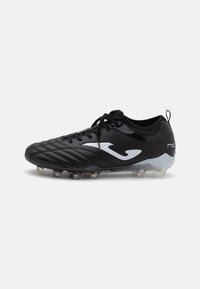 Black soccer cleat with a textured upper, contrasting gray accents, and a lace-up design. Features multiple cleats on the sole for traction.