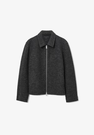 Grau gestrickte Wollmischjacke mit einem Kragen, Frontreißverschluss, langen Ärmeln und seitlichen Taschen. Glatte Textur mit klassischem Design.