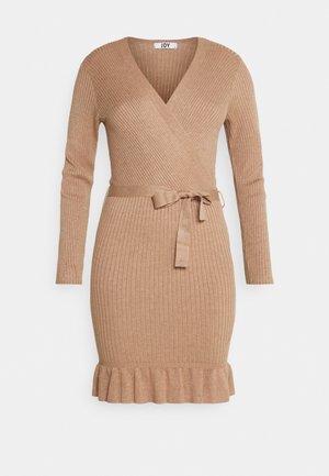 Knit brown wrap dress with long sleeves, ribbed texture, V-neck, belted waist, and ruffled hem.