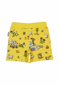 Gelbe Shorts mit einem verspielten Muster von Tieren und Objekten, darunter Hühner, Blumen und ein Wagen, mit einem Detail in der Gesäßtasche.