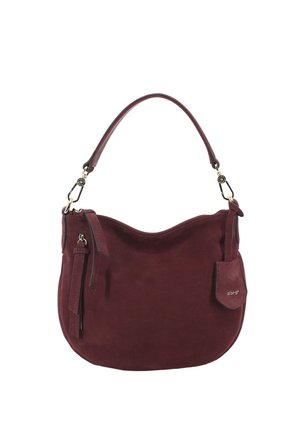 Burgundy suede shoulder bag with a single handle, front zipper pocket, and small attached tag with silver "abro" logo.