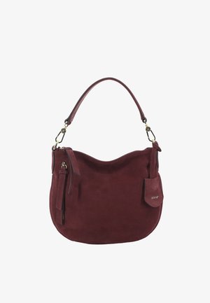 Burgundy suede shoulder bag with a single handle, front zipper pocket, and small attached tag with silver "abro" logo.