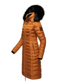Long orange puffer coat with a fur-trimmed hood, zip closure, ribbed cuffs, and vertical stitching details, featuring side pockets.