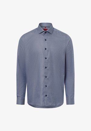 Langarmhemd in blau-weißer Karomuster, aus leichtem Stoff gefertigt. Verfügt über einen Button-down-Kragen und dunkelblaue Knöpfe.