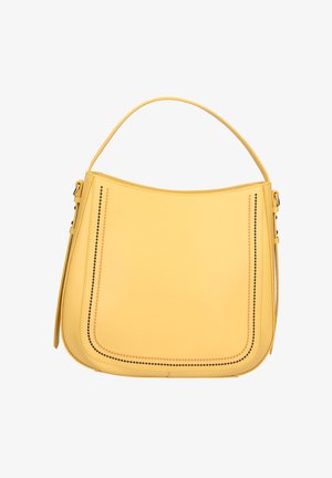 Borsa a mano in pelle gialla con manico singolo superiore, forma rettangolare curva e dettagli decorativi con cuciture sul pannello frontale.