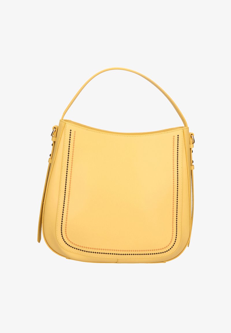 Gelbe Lederhandtasche mit einem einzelnen oberen Griff, geschwungener rechteckiger Form und dekorativen, gesteppten Randdetails auf der Vorderseite.