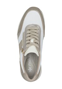 Weißer und beiger Sneaker mit glattem Lederobermaterial, strukturierten Schnürsenkeln, seitlichem Reißverschluss und gepolstertem Kragen. Verfügt über eine "extra breite" Innensohle.